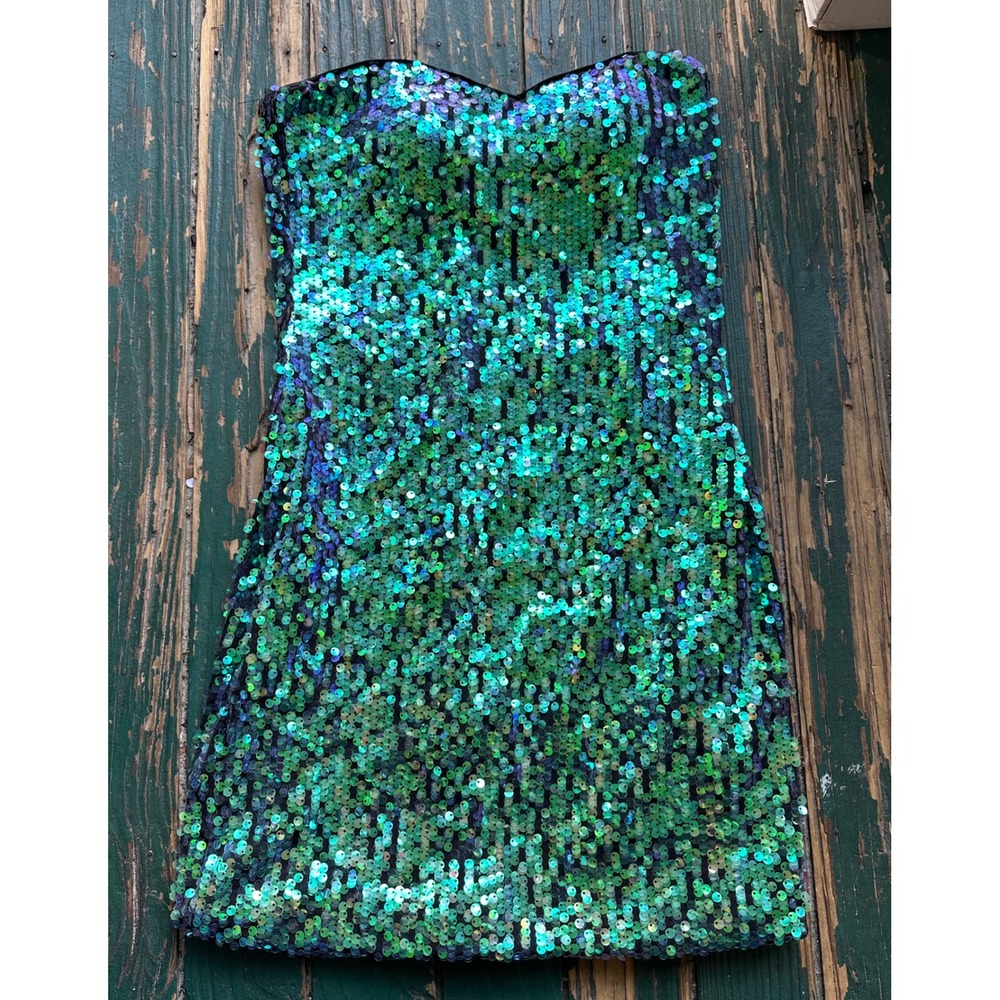 U Wish Womens Strapless Sequin Mini Dress Teal Green Blue Shimmer Size S A3980